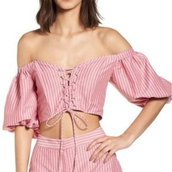 WAYF NWT Red Striped Lace Up Front Corset Off The Shoulder Crop Top Size Medium - Picture 1 of 7